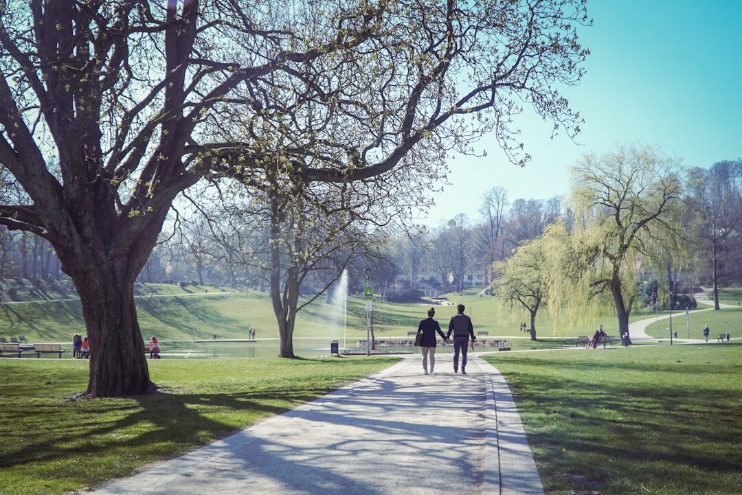 senior couple walking in park